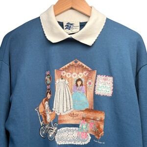 Vintage 90s Collared Sweatshirt Blue Made in USA Large Cottagecore Victorian